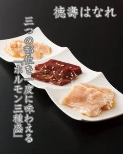 【食感と旨みを愉しむ、ホルモン三種盛】